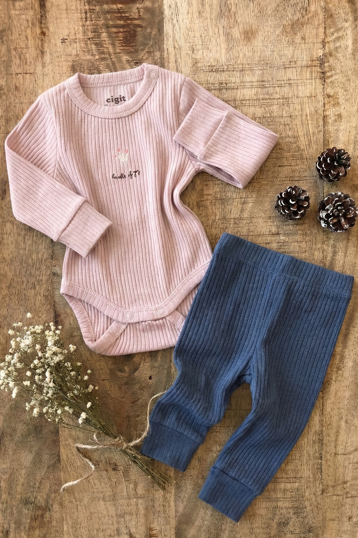 CigitNakışlı Mevsimlik Zıbın Takım 0-3 Yaş Pudra Pembe