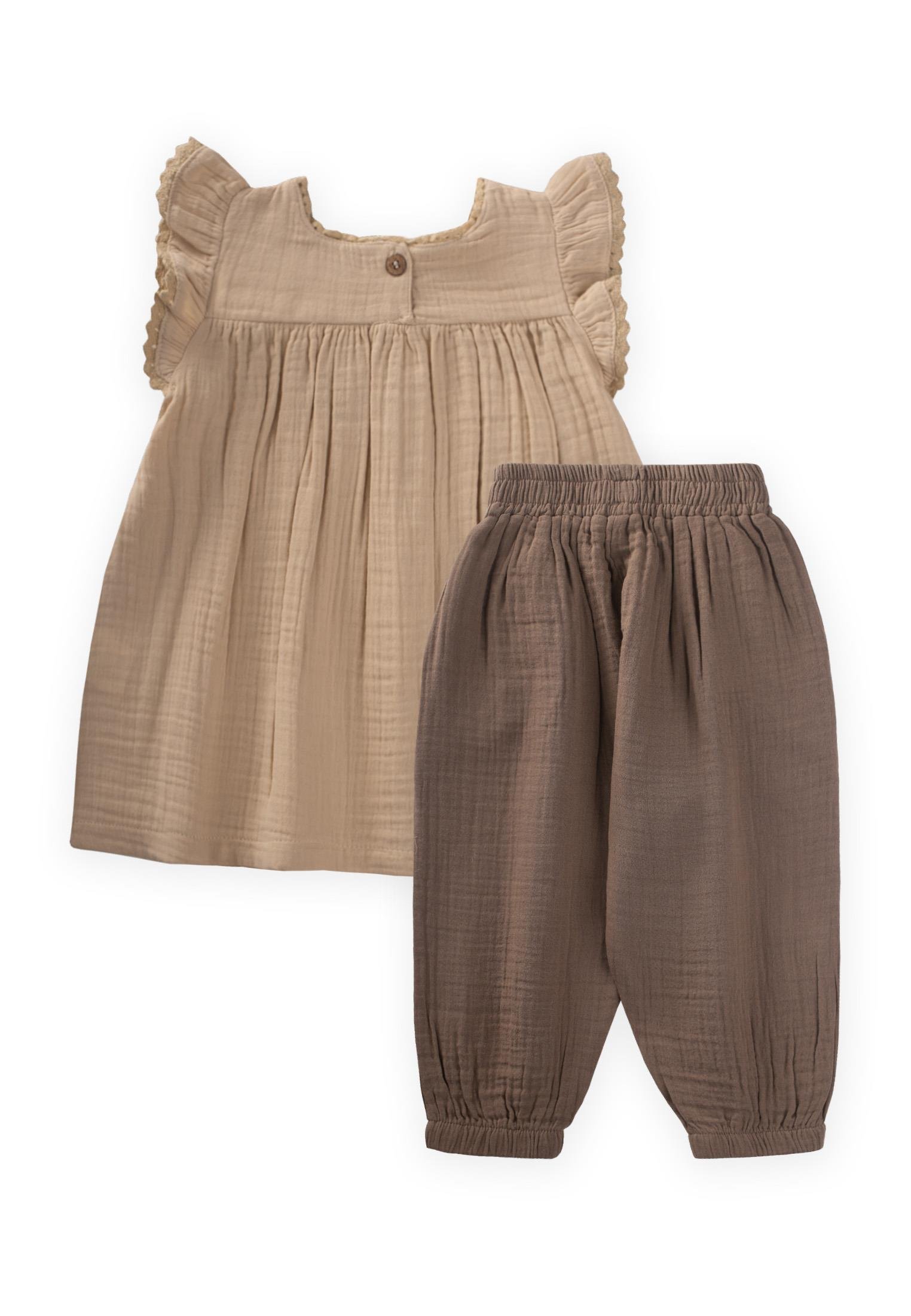 CigitNakışlı Organik Müslin Şalvarlı Takım 1-7 Yaş BEJ