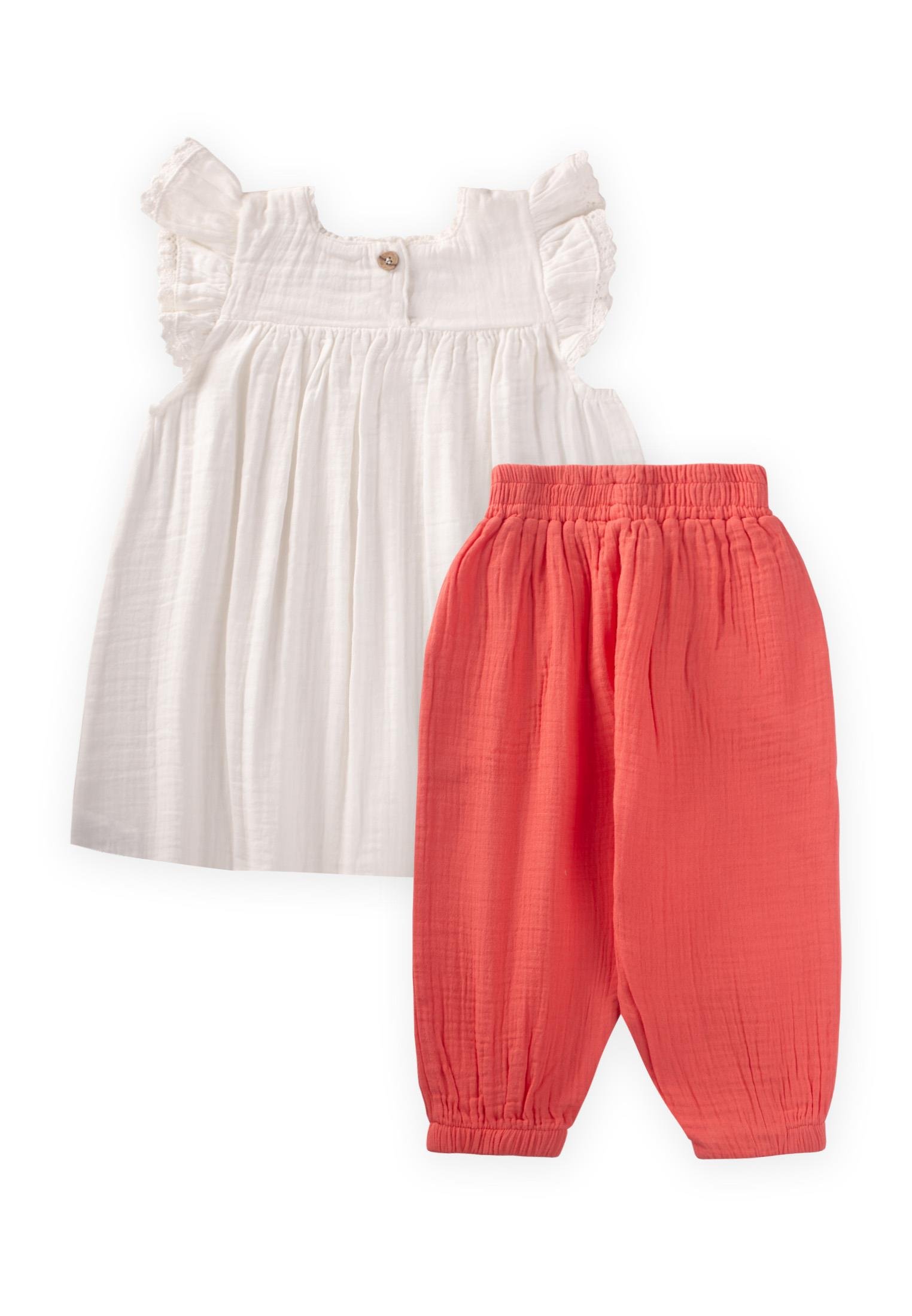 CigitNakışlı Organik Müslin Şalvarlı Takım 1-7 Yaş Ekru