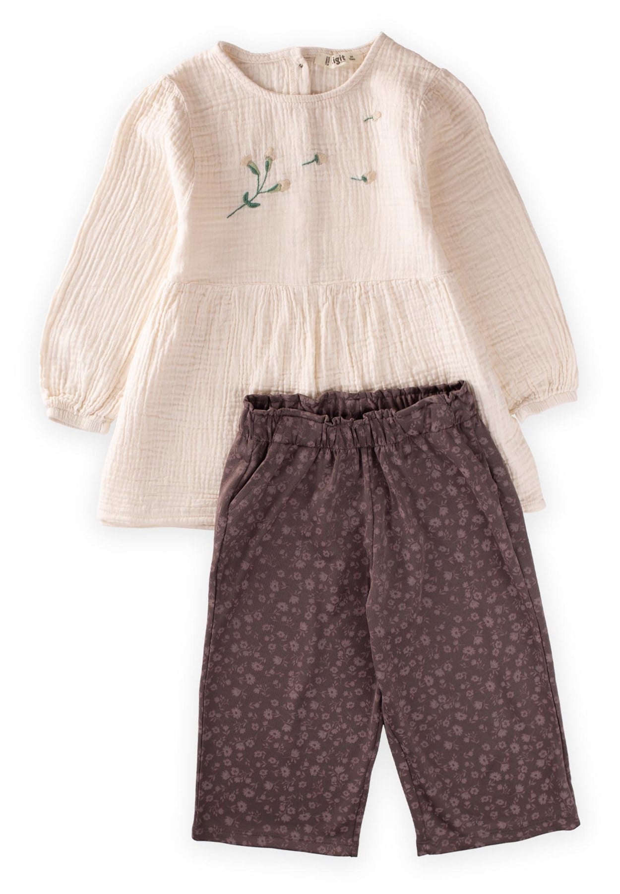 CigitNakışlı Tunik Pantolon Takım 3-8 Yaş Krem