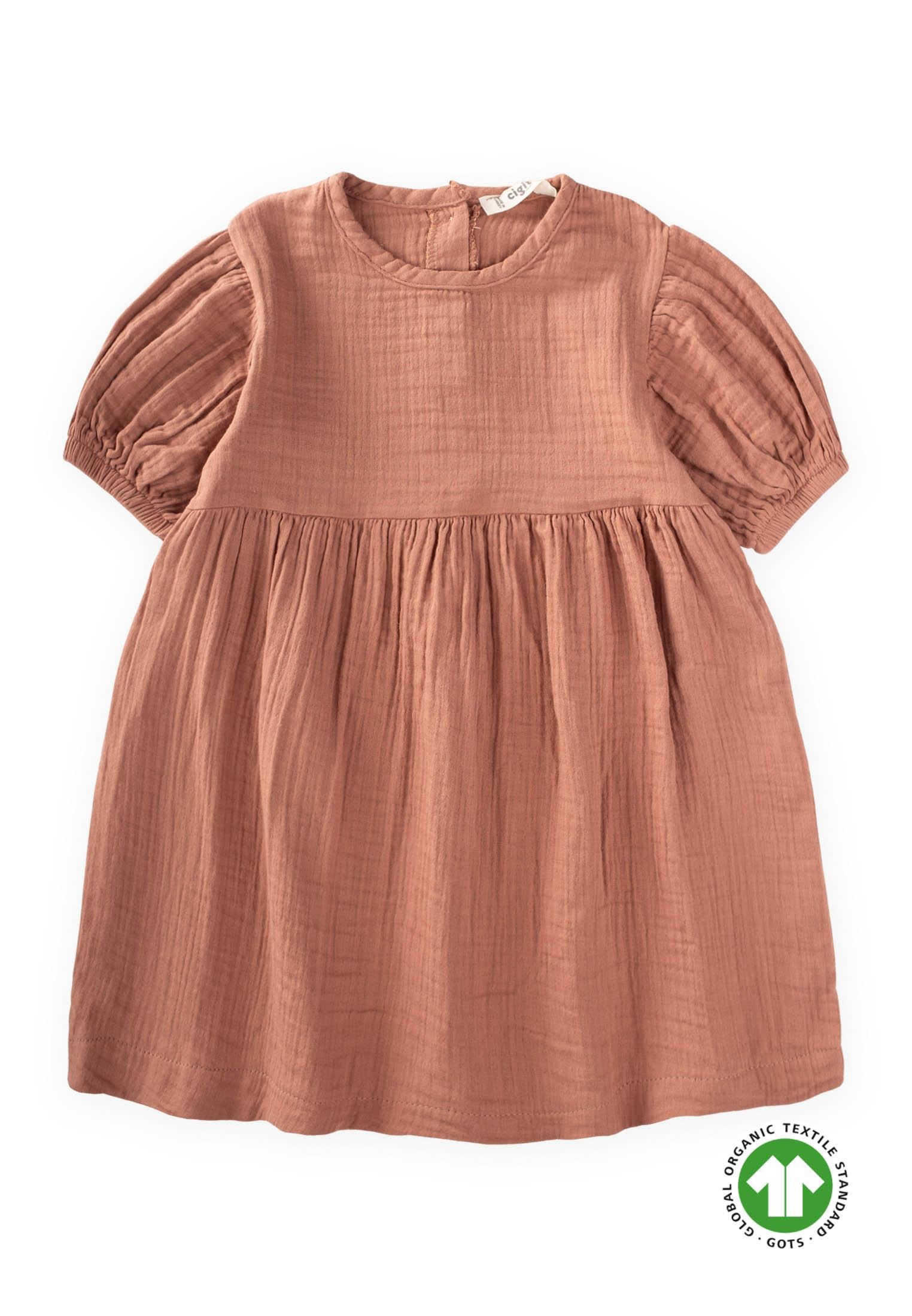 CigitOrganic Balon Kollu Müslin Elbise 2-10 Yaş A.KAHVE