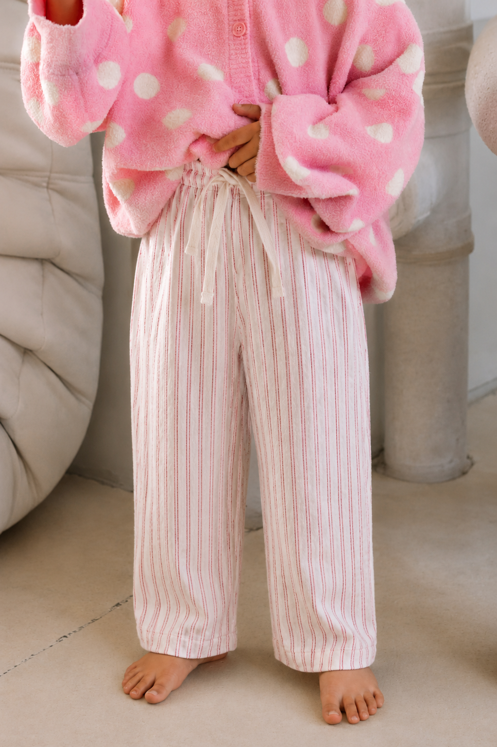 CigitOrganic Beli Fırfırlı Geniş Kesim Müslin Pantolon 1-10 Yaş Fuşya Çift Çizgili