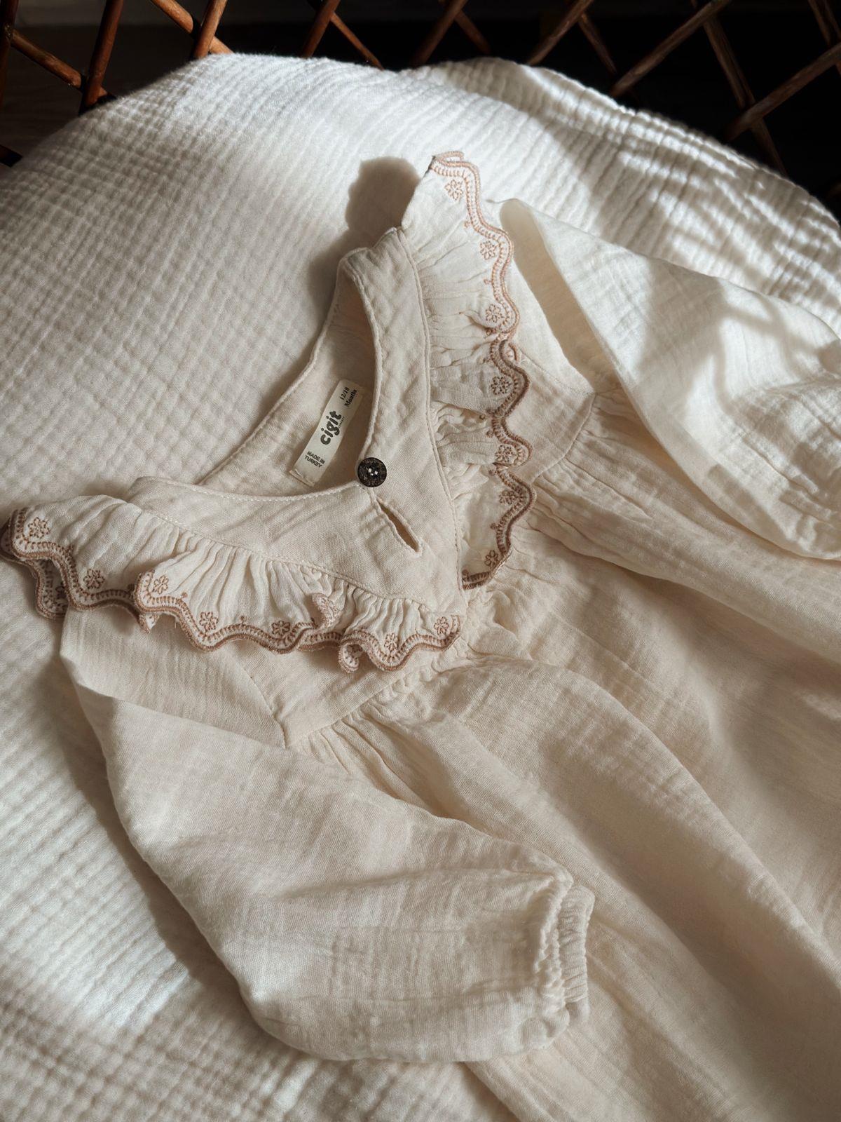 CigitOrganik Etnik Nakışlı Müslin Elbise 1-8 Yaş NATUREL