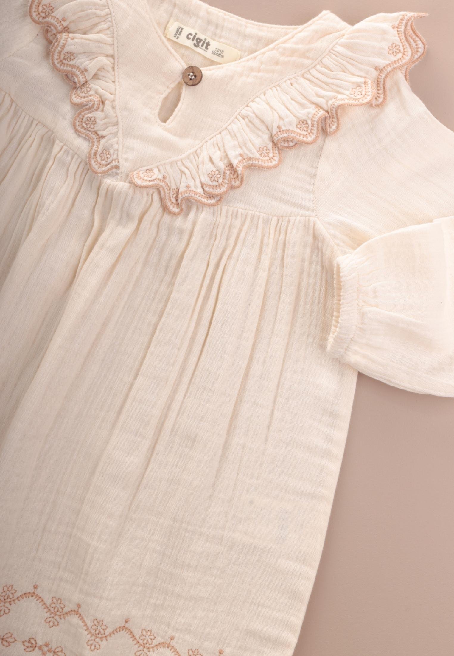 CigitOrganik Etnik Nakışlı Müslin Elbise 1-8 Yaş NATUREL