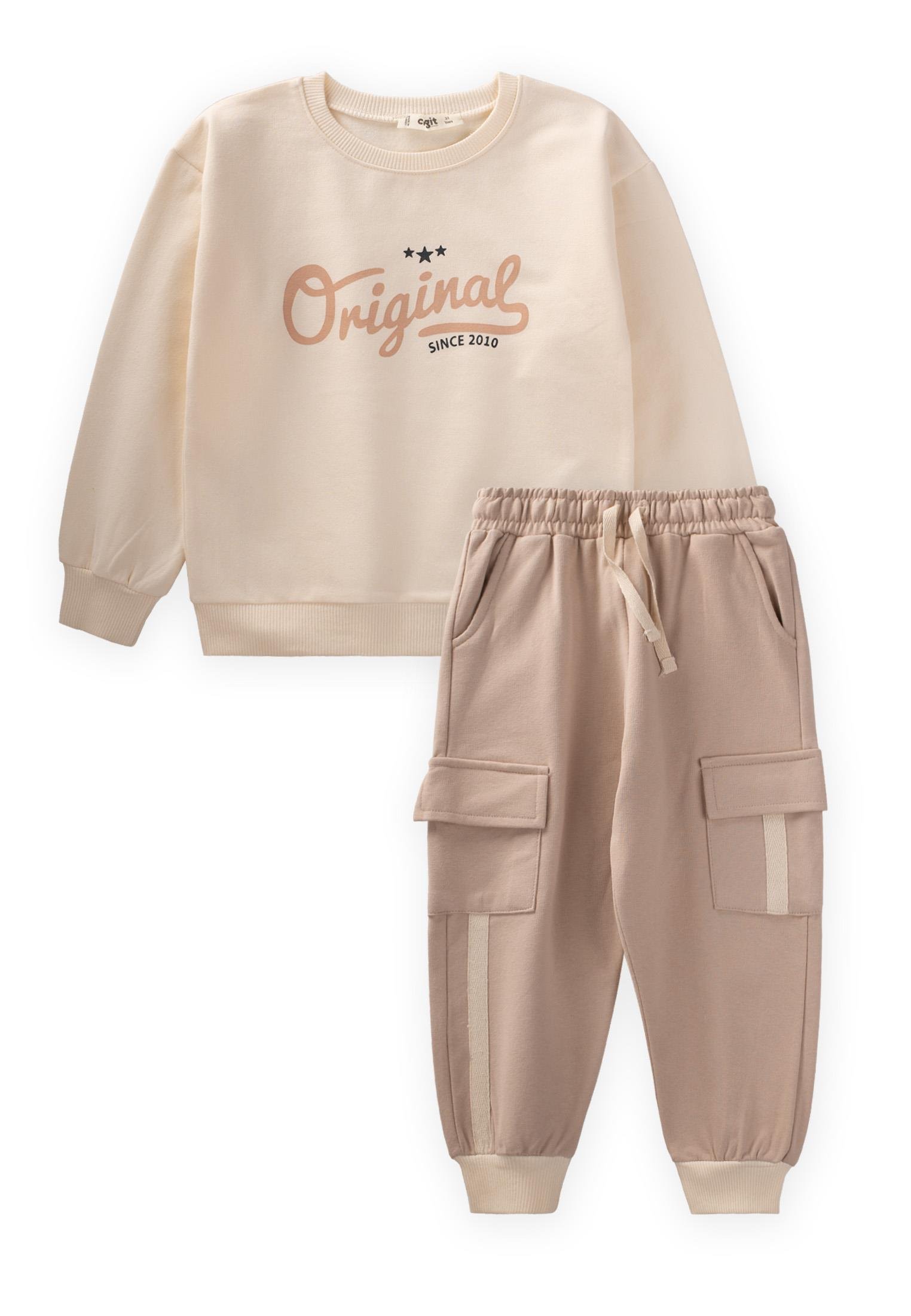 CigitOriginal Baskılı Kargo Pantolon Sweatshirt Takım 2-10 Yaş Ekru