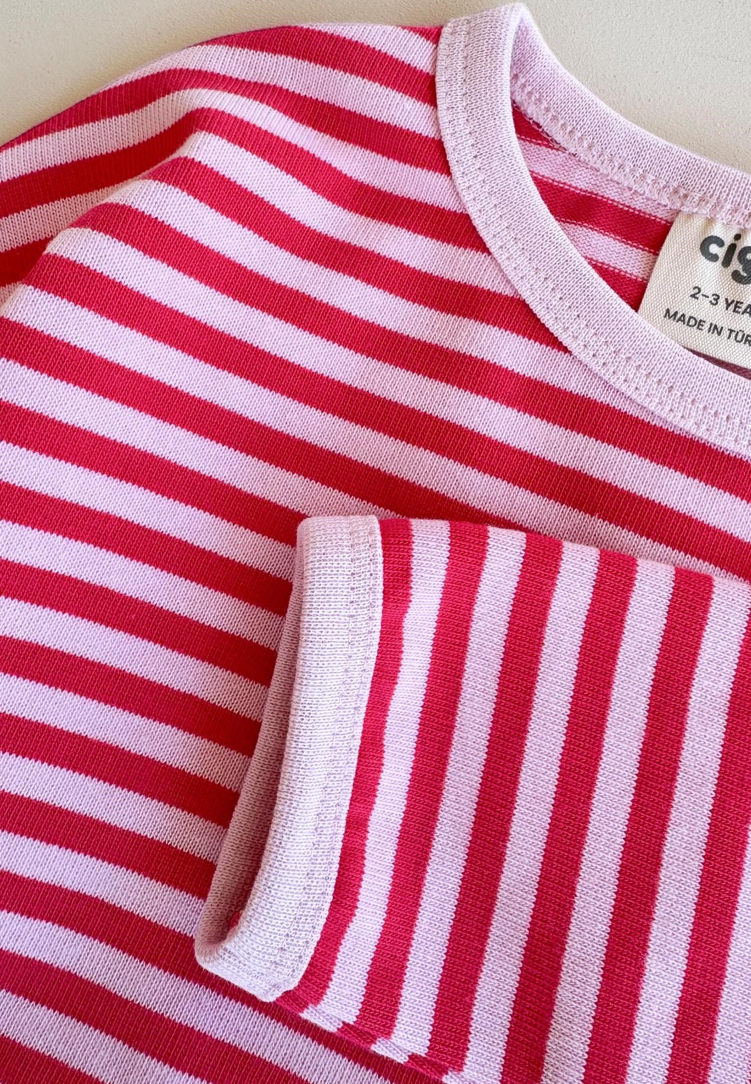 CigitOversize Çizgili Mevsimlik Takım 2-7 Yaş Pudra Mercan Çizgili