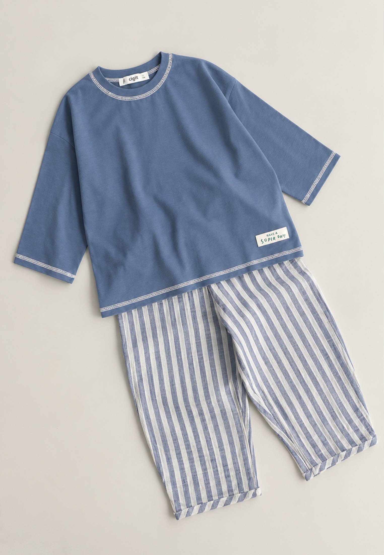 CigitOversize Pantolon Takım 2-10 Yaş İndigo Kalın Çizgili
