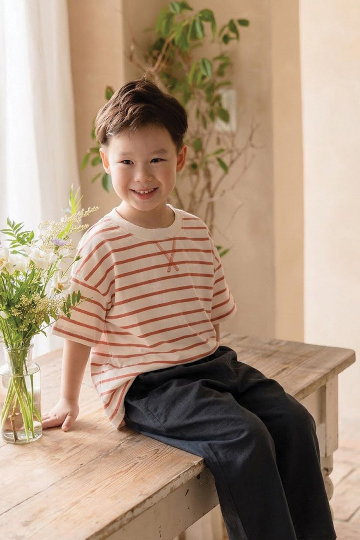 CigitOversize T-Shirt  Geniş Kesim Pantolon Takım 2-10 Yaş Turuncu Çizgili