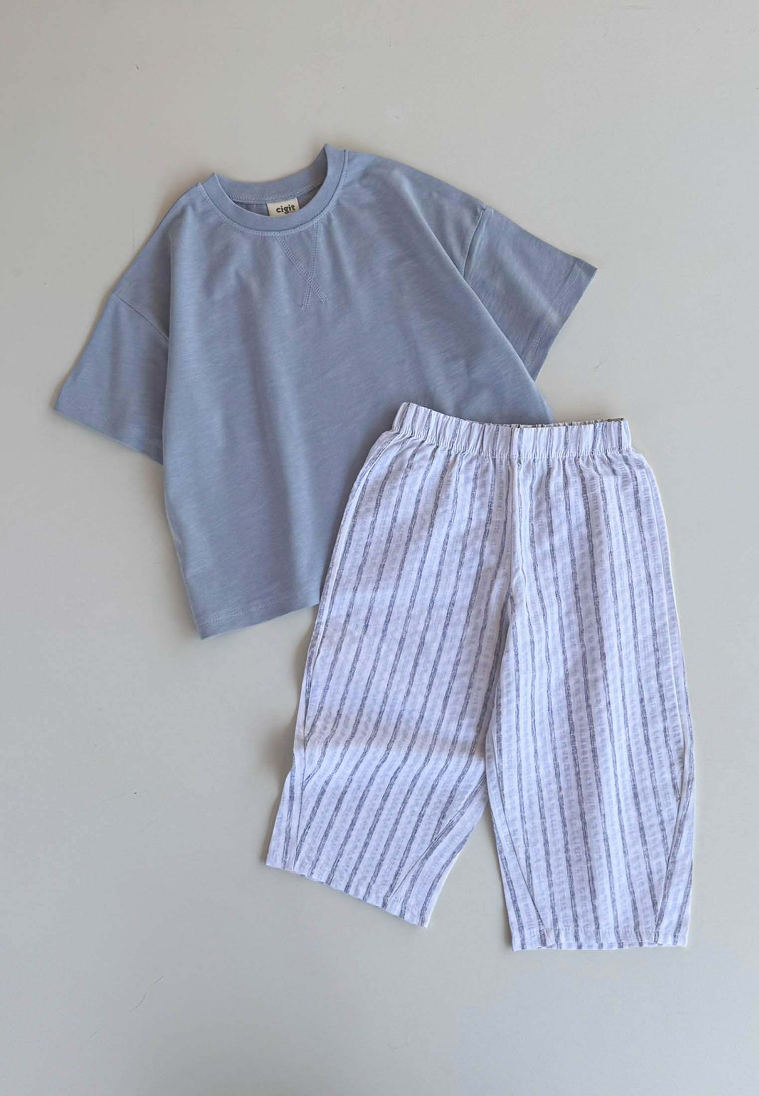 CigitOversize T-Shirt Takım 2-10 Yaş Pastel Mavi