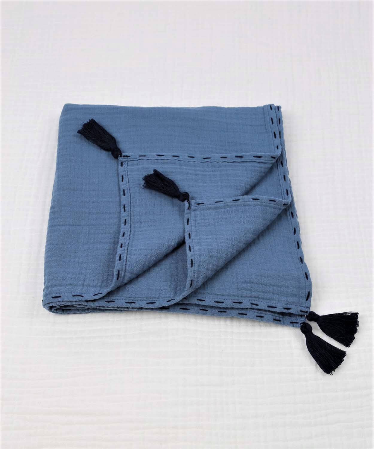100114-18Püsküllü Müslin Battaniye (Yıkanmış) 100X100 cm +/- 2 cm İndigo Mavi - CigitCigitPüsküllü Müslin Battaniye (Yıkanmış) 100X100 cm +/- 2 cm İndigo Mavi