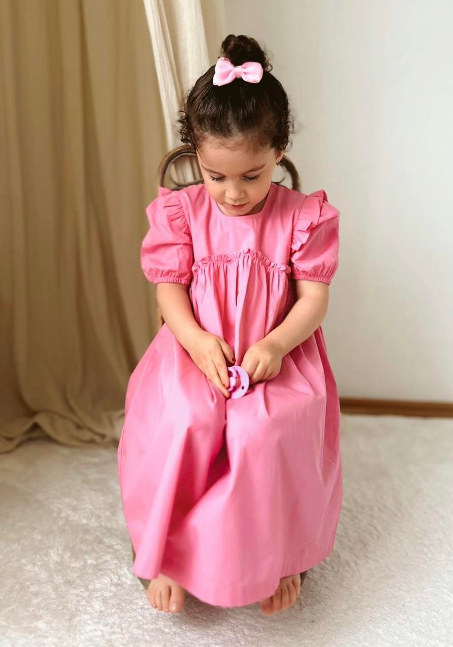 CigitRobadan Fırfır Büzgülü Poplin Elbise 2-7 Yaş Pembe