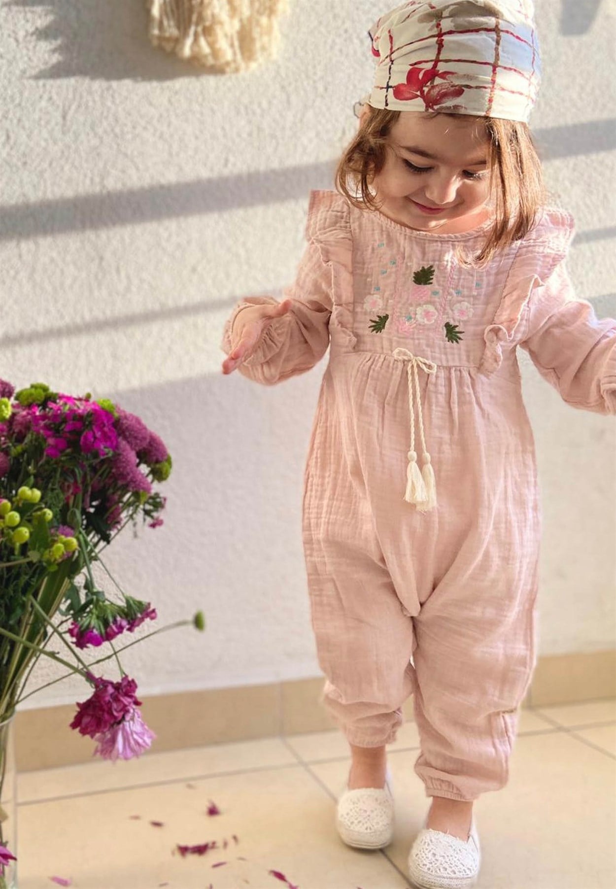 CigitRobası Nakışlı Fırfırlı Müslin Tulum 0-3 Yaş Pudra Pembe