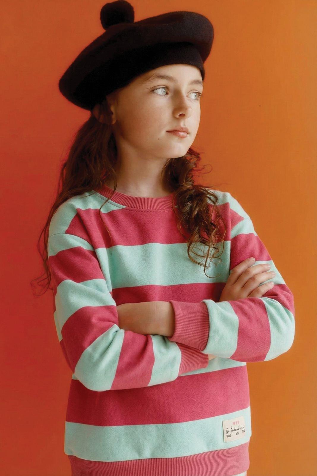 CigitSweatshırt 4-12 Yaş MİNT MERCAN ÇİZGİLİ