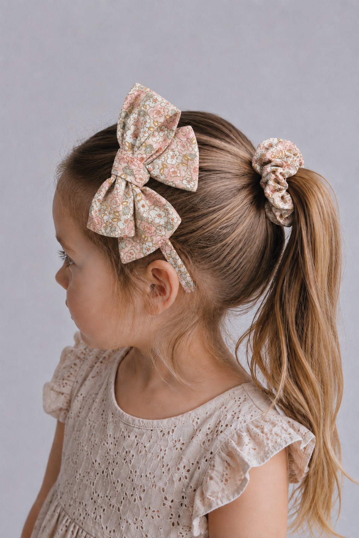 CigitCrown Bow Elastic Hair Clip Set, Beige Floral