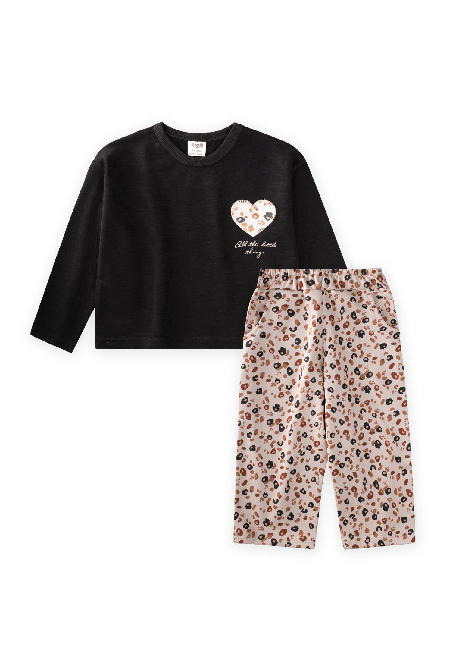 CigitUzun Kollu Desenli Yüksek Bel Pantolonlu Takım 2-8 Yaş SİYAH