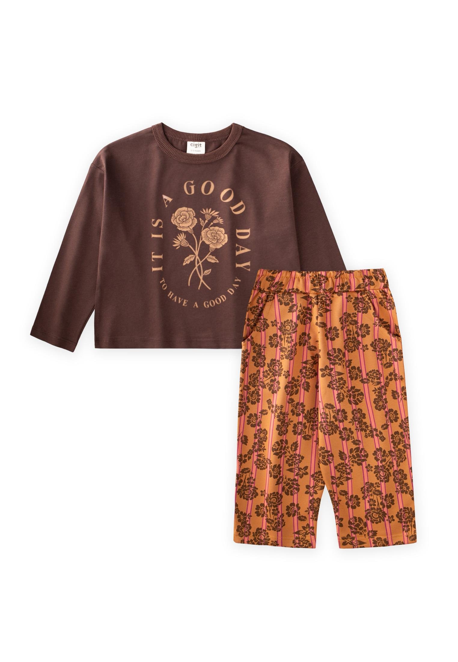 CigitUzun Kollu Desenli Yüksek Bel Pantolonlu Takım 2-8 Yaş KAHVERENGİ