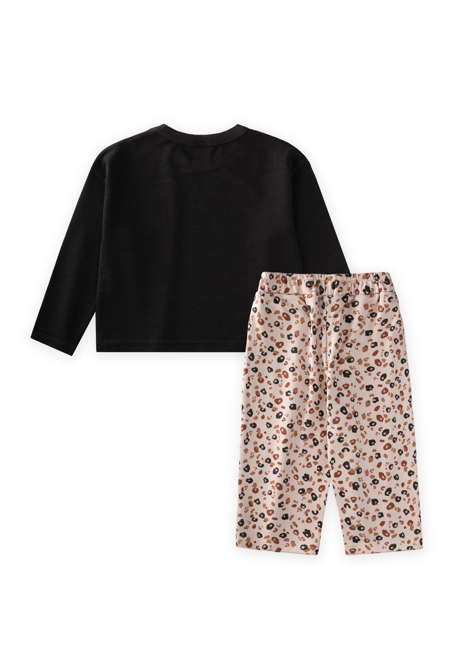 CigitUzun Kollu Desenli Yüksek Bel Pantolonlu Takım 2-8 Yaş SİYAH