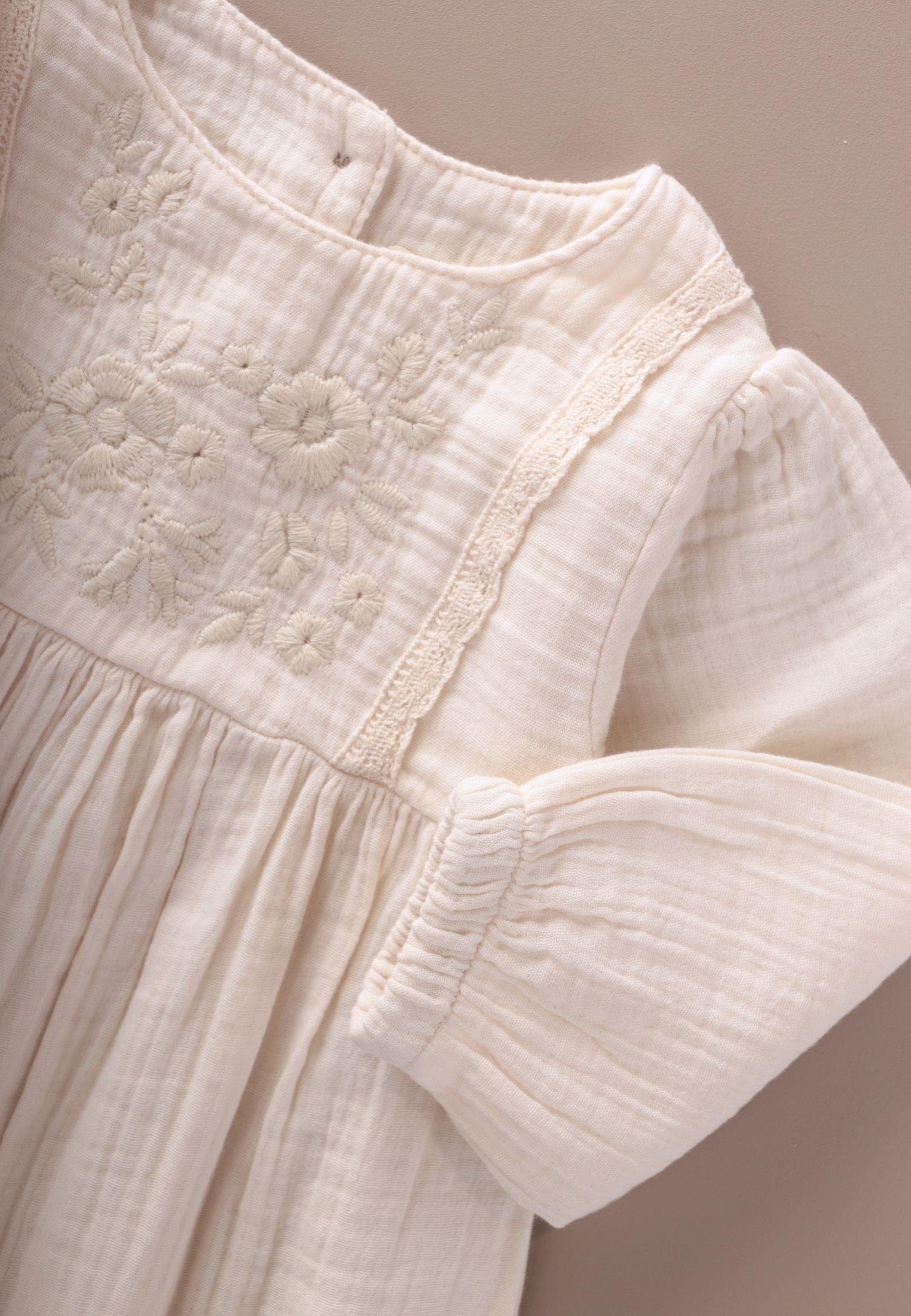 CigitOrganik Nakışlı Dantel Detaylı Müslin Elbise 1-10 Yaş NATUREL