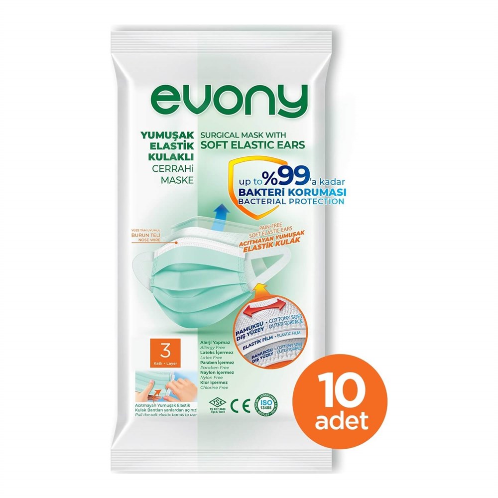 Evony Yumuşak Elastik Kulaklı 3 Katlı Cerrahi Maske 10 Adet