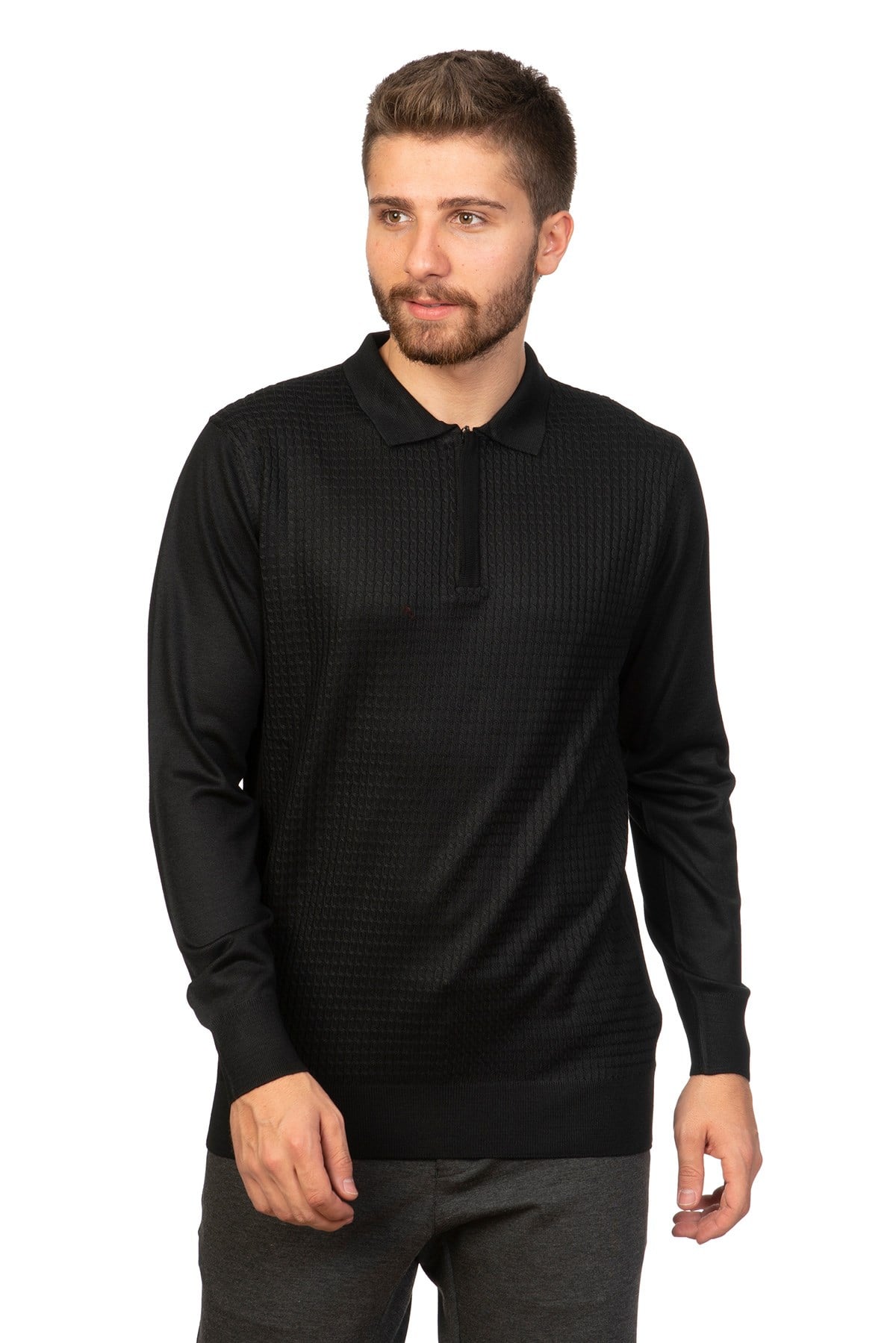 White Stone  2021-K  FERMUARLI POLO YAKA TRİKO    SİYAH