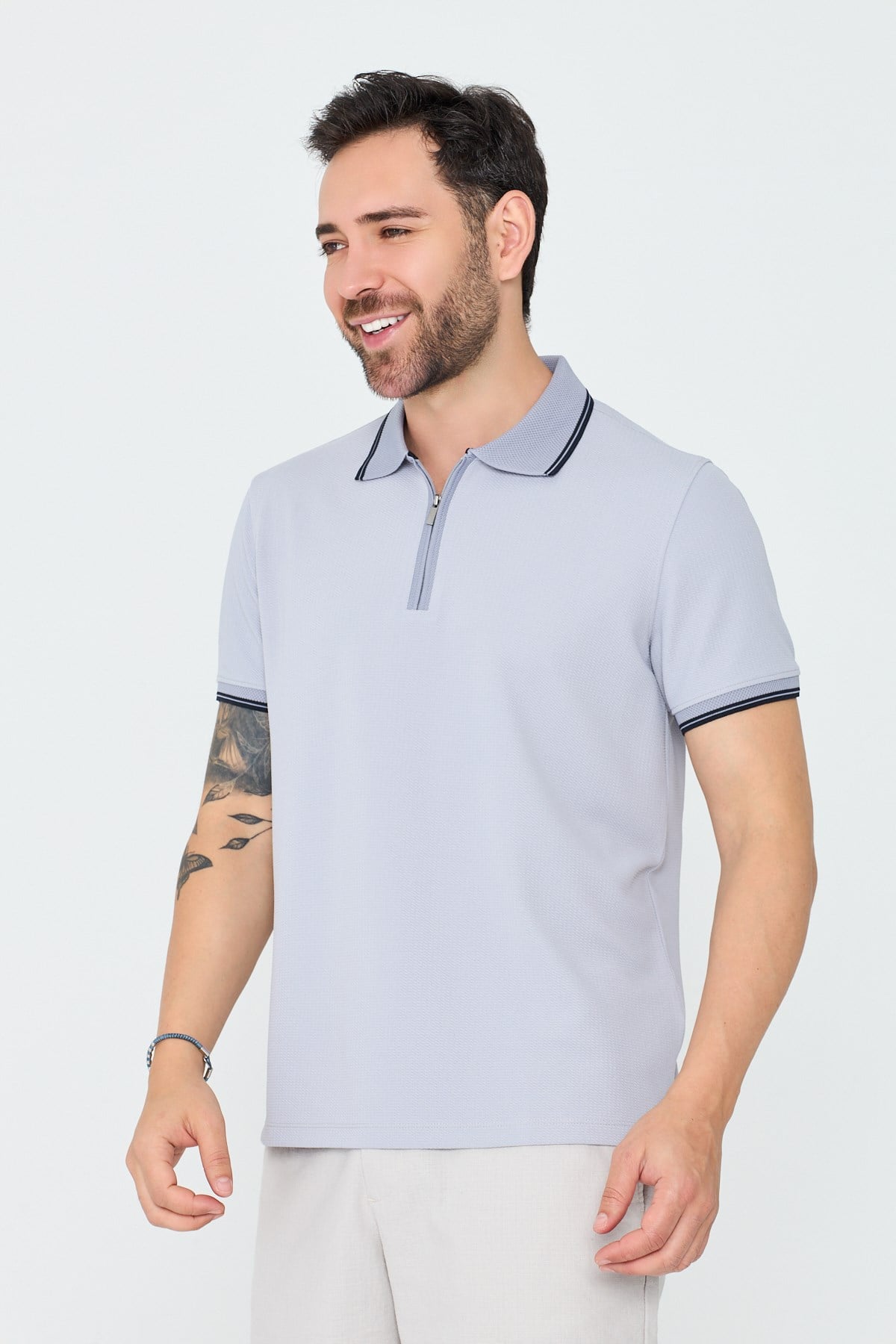 White StoneAçık Gri Fermuarlı Polo Yaka Erkek Tişört