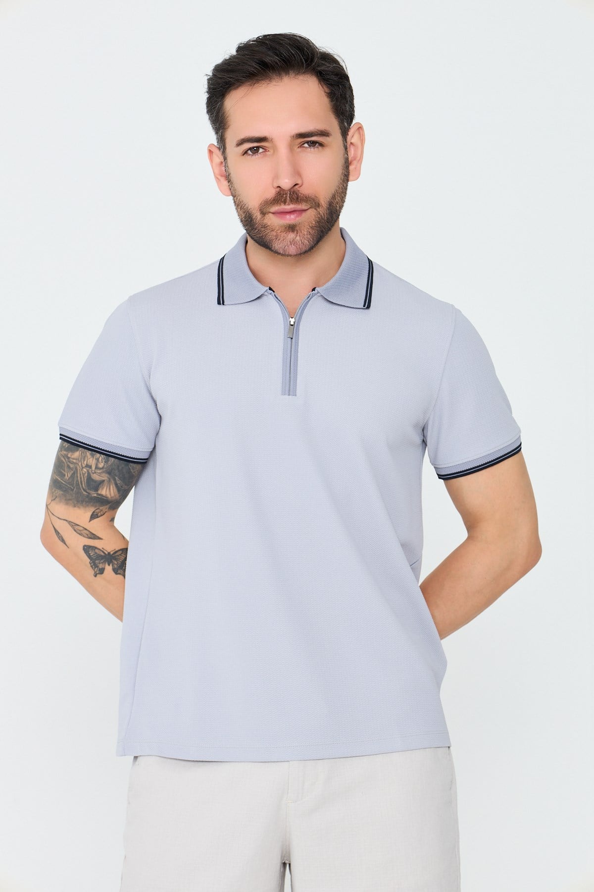 White StoneAçık Gri Fermuarlı Polo Yaka Erkek Tişört