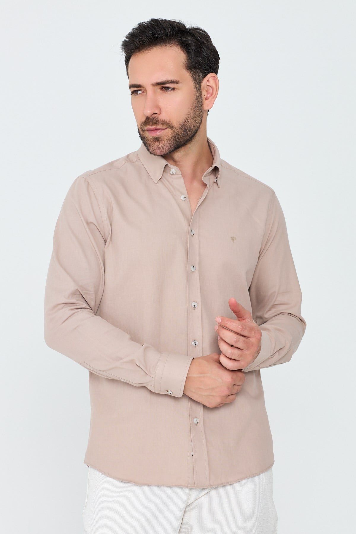 White StoneAçık Kahverengi %100 Pamuk Regular Fit Erkek Uzun Kollu Gömlek