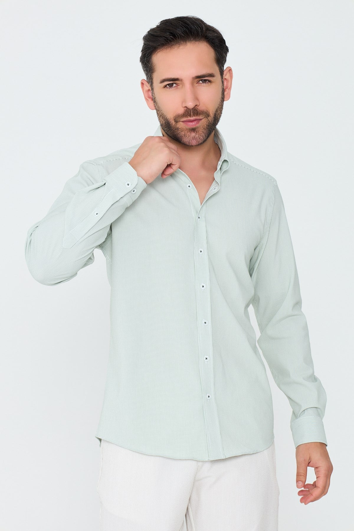 White StoneAçık Yeşil İnce Çizgili Dynamic Fit Uzun Kollu Erkek Gömlek
