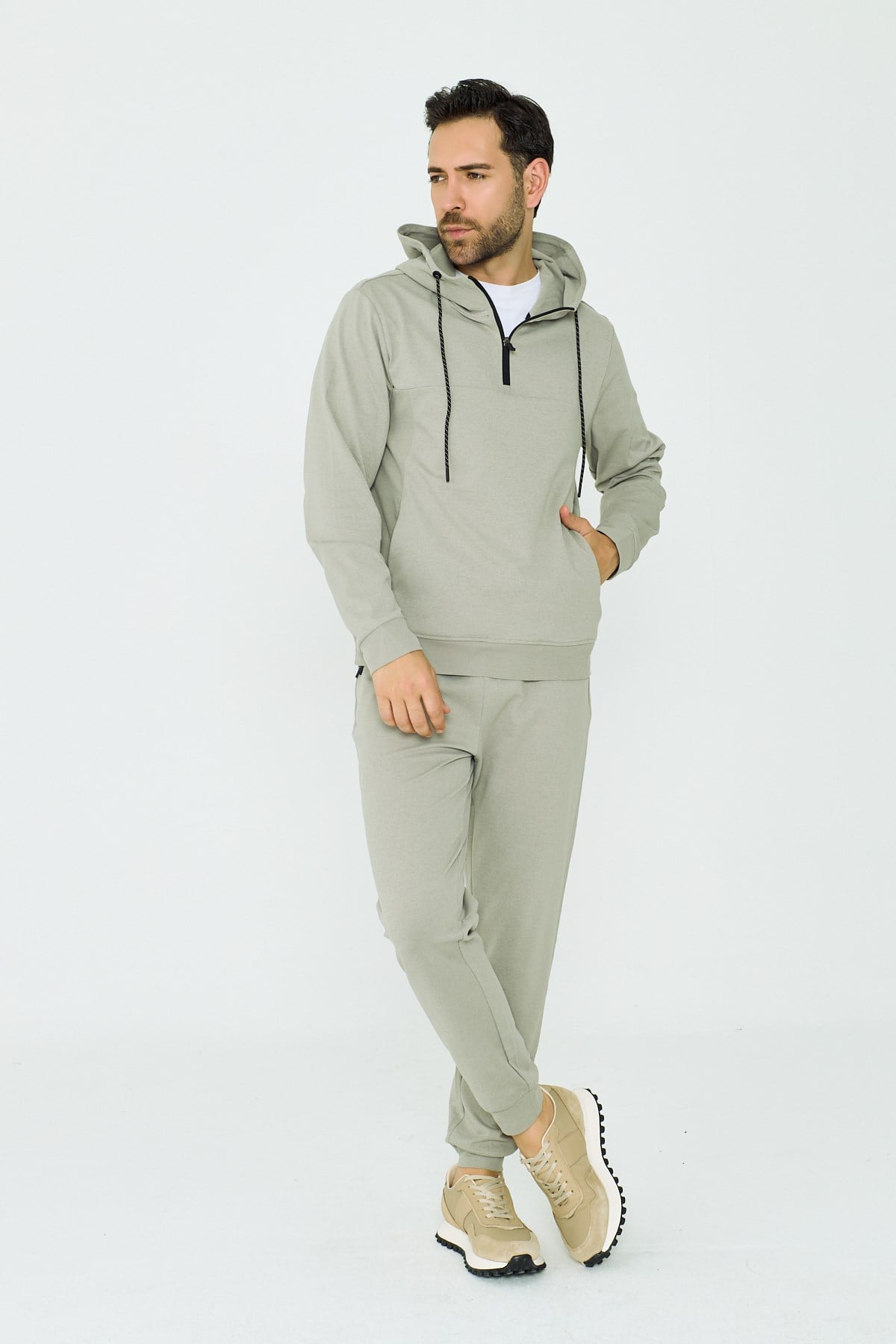 White StoneAçık Yeşil Kapüşonlu Yarım Fermuarlı Yandan Cepli Erkek Sweatshirt