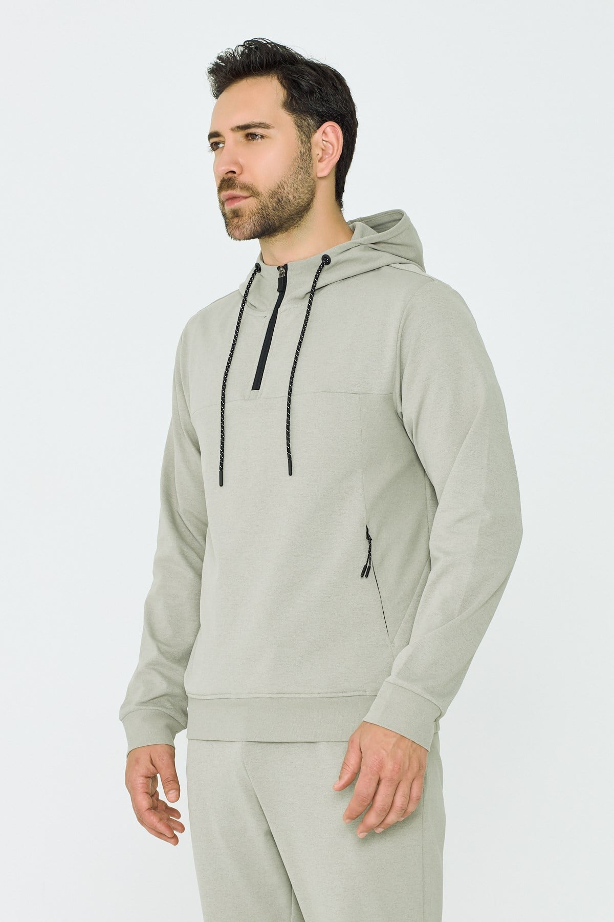 White StoneAçık Yeşil Kapüşonlu Yarım Fermuarlı Yandan Cepli Erkek Sweatshirt