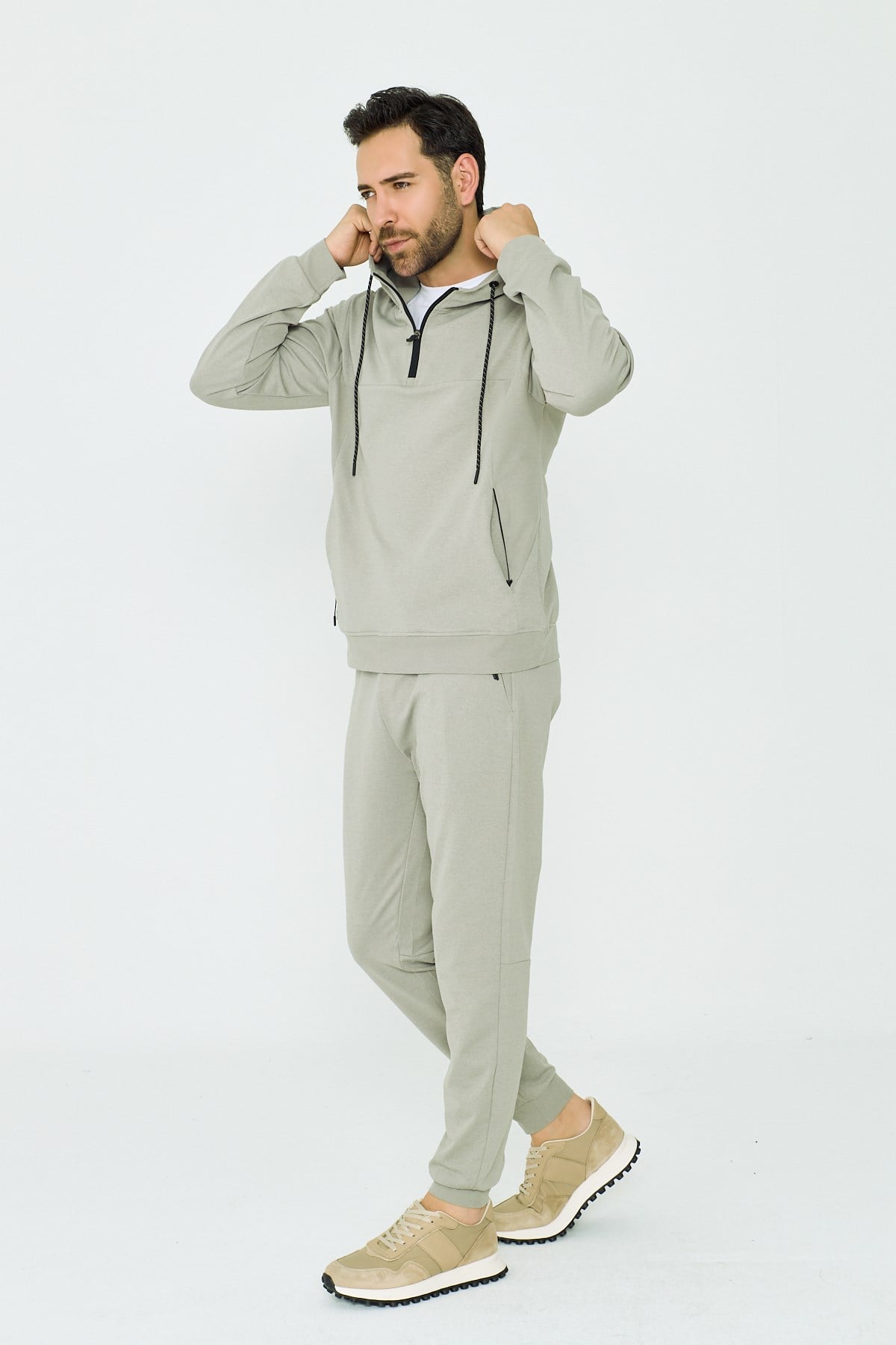 White StoneAçık Yeşil Kapüşonlu Yarım Fermuarlı Yandan Cepli Erkek Sweatshirt