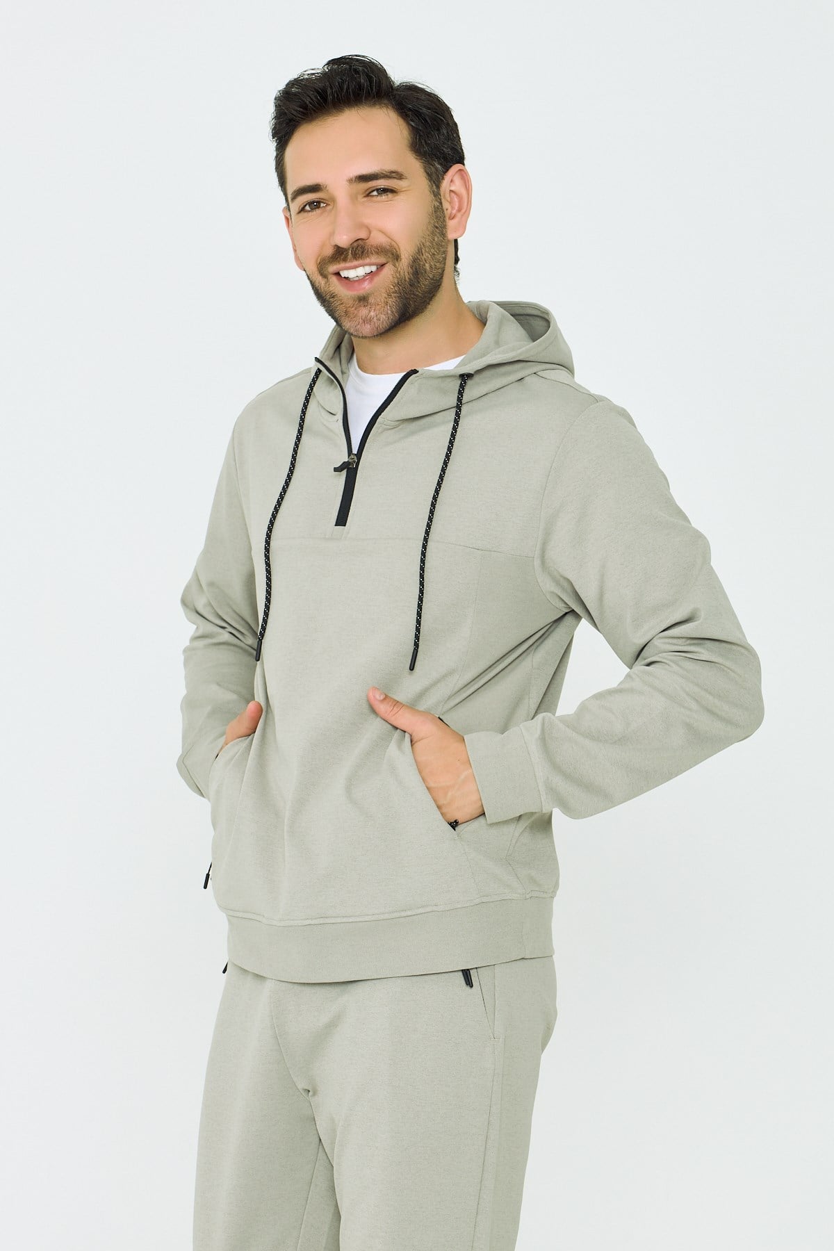 White StoneAçık Yeşil Kapüşonlu Yarım Fermuarlı Yandan Cepli Erkek Sweatshirt