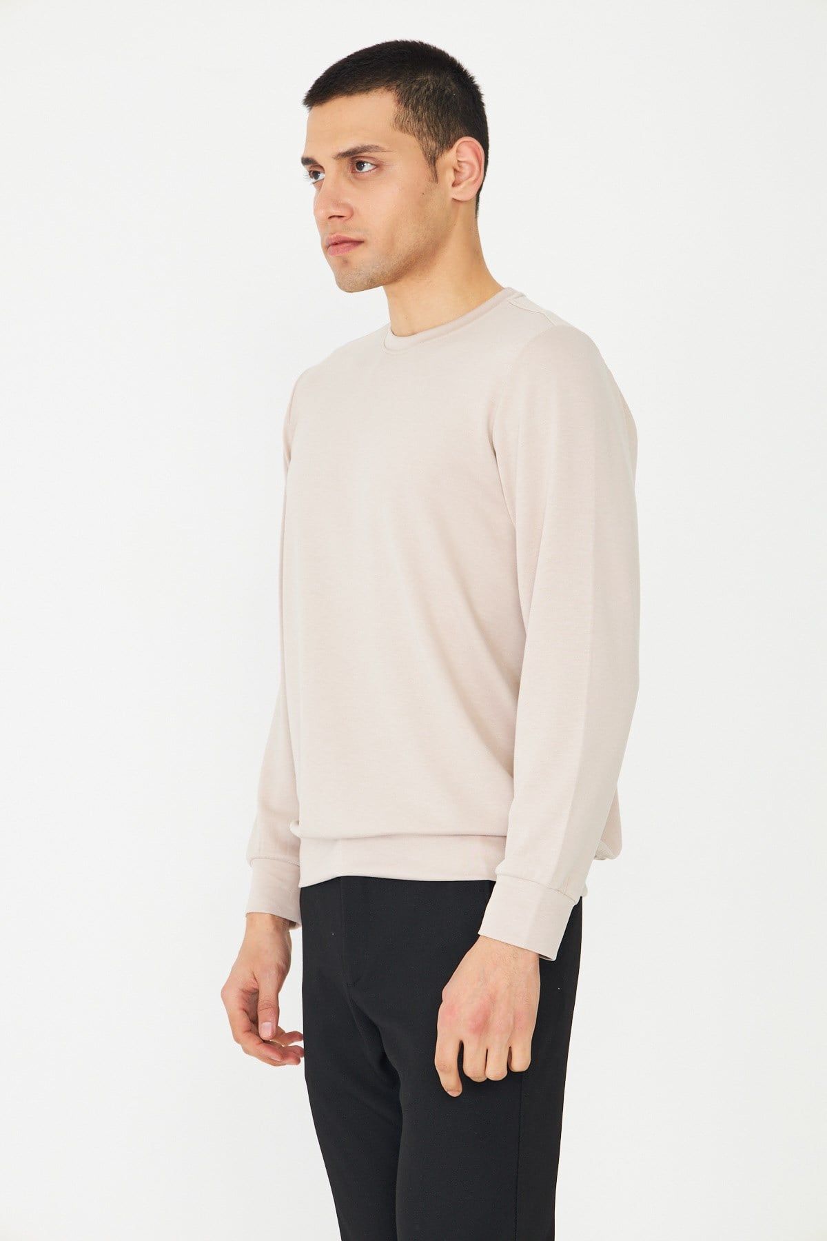 White StoneBej Basic Bisiklet Yaka Erkek Sweatshirt