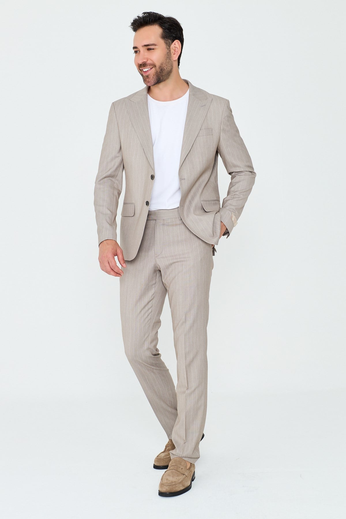 White StoneBej Çizgili Sivri Yaka 6 Drop Regular Fit Günlük Takım Elbise