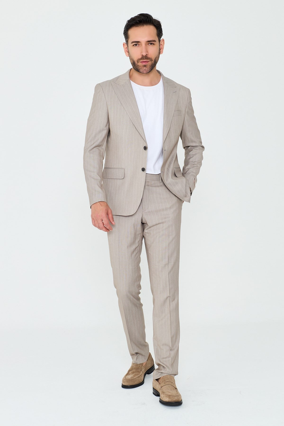 White StoneBej Çizgili Sivri Yaka 6 Drop Regular Fit Günlük Takım Elbise