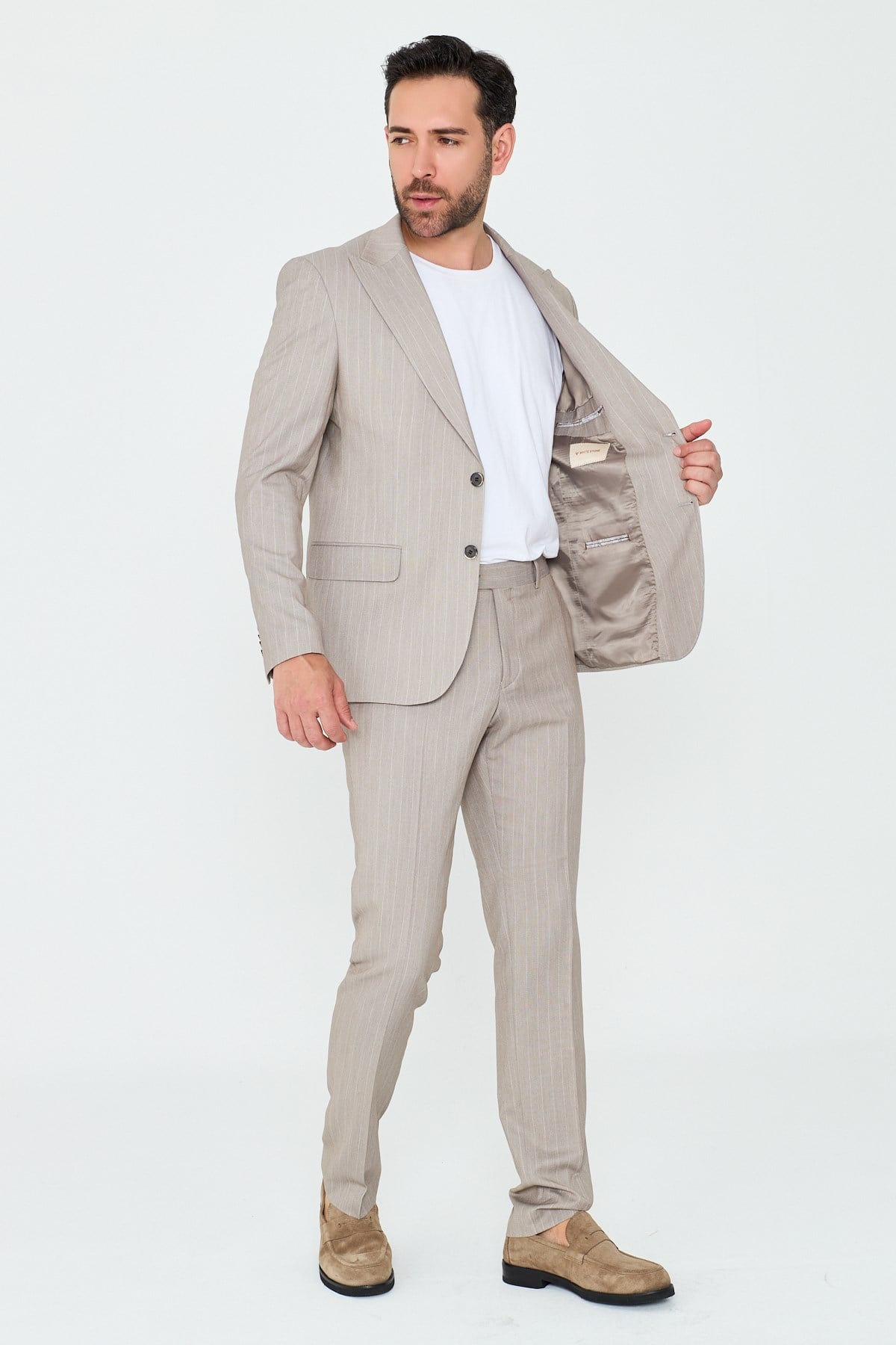 White StoneBej Çizgili Sivri Yaka 6 Drop Regular Fit Günlük Takım Elbise