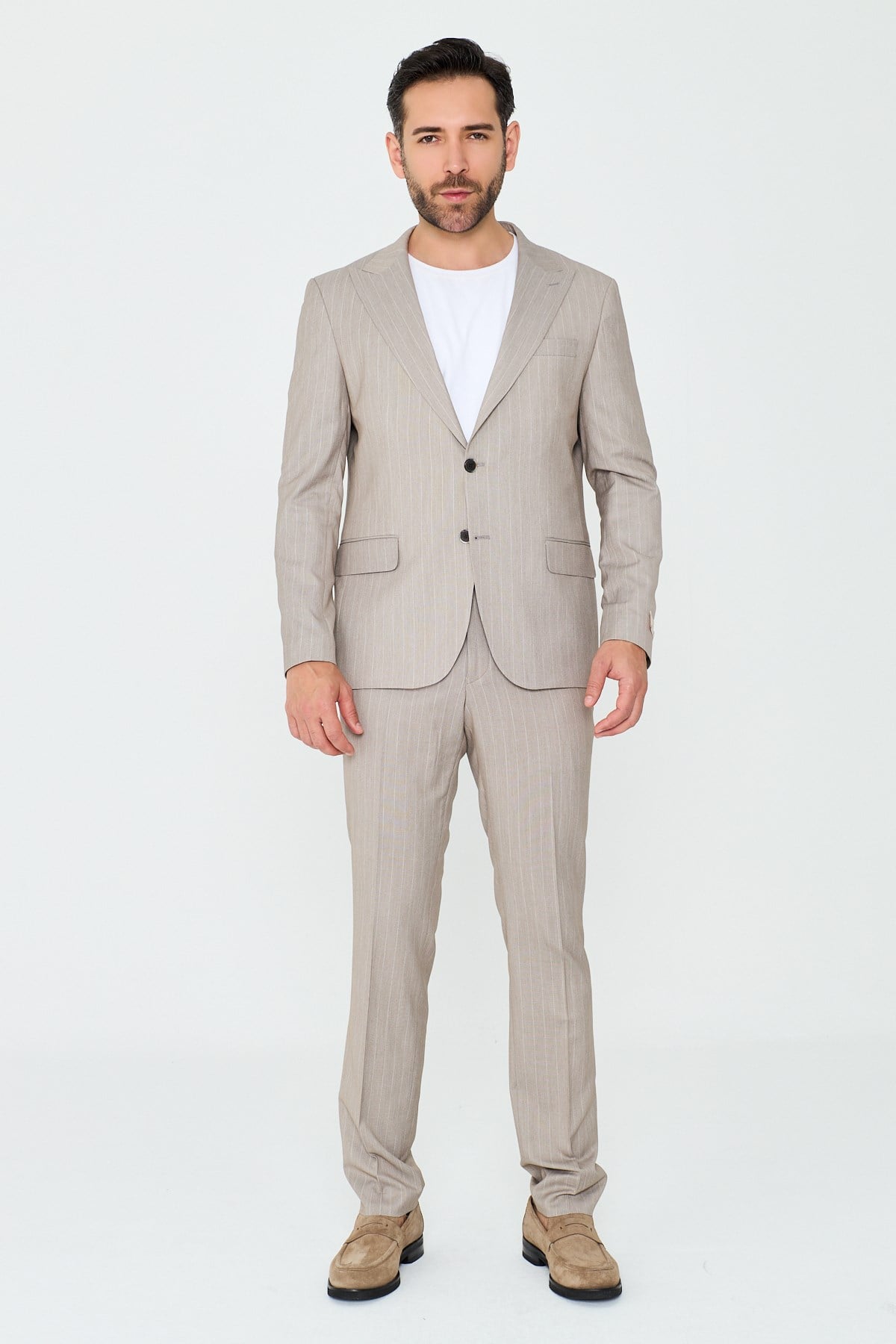 White StoneBej Çizgili Sivri Yaka 6 Drop Regular Fit Günlük Takım Elbise