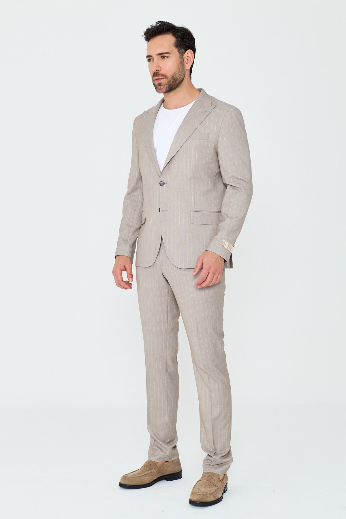 White StoneBej Çizgili Sivri Yaka 6 Drop Regular Fit Günlük Takım Elbise