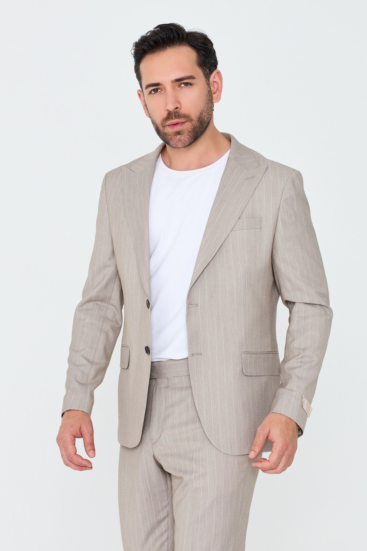 White StoneBej Çizgili Sivri Yaka 6 Drop Regular Fit Günlük Takım Elbise