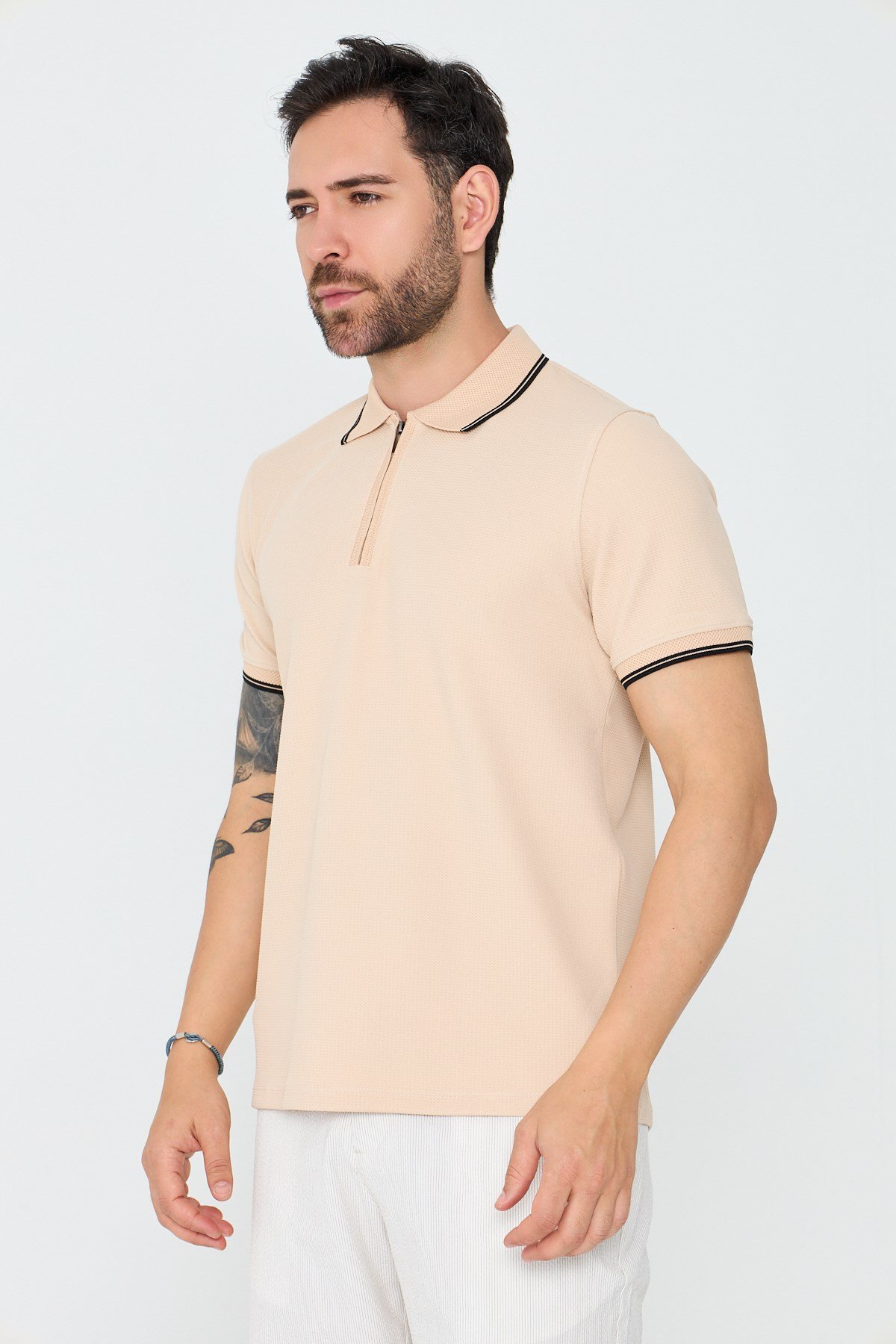 White StoneBej Fermuarlı Erkek Polo Yaka Tişört