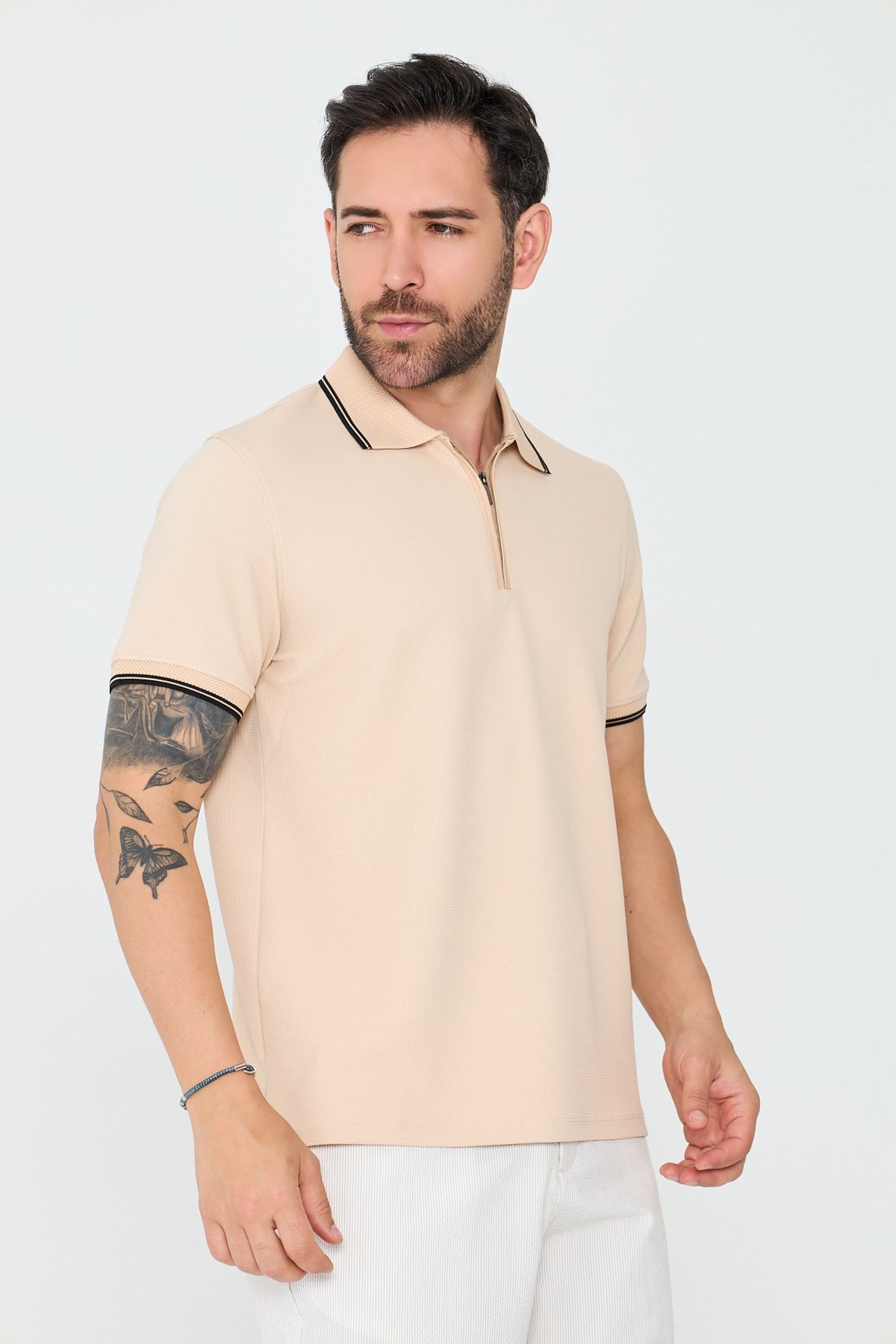 White StoneBej Fermuarlı Erkek Polo Yaka Tişört