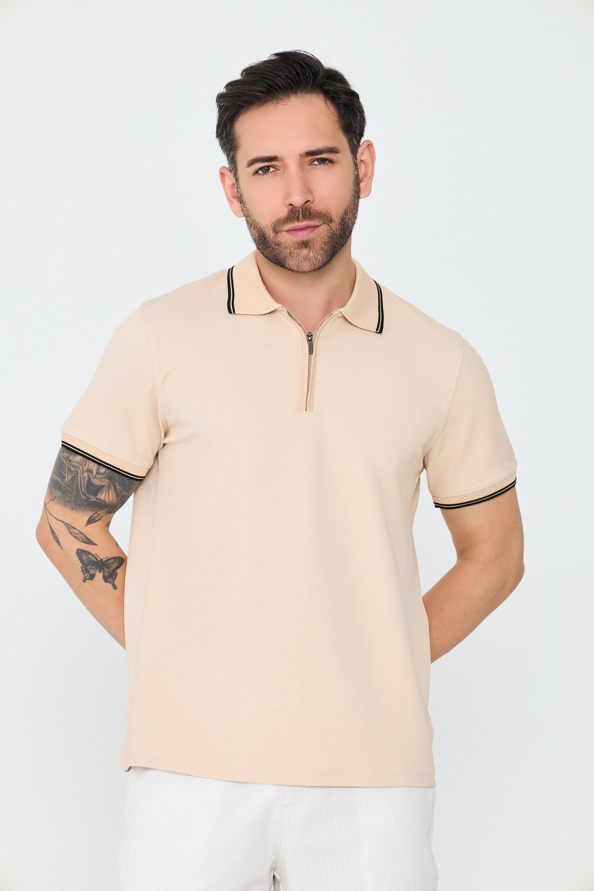 White StoneBej Fermuarlı Erkek Polo Yaka Tişört