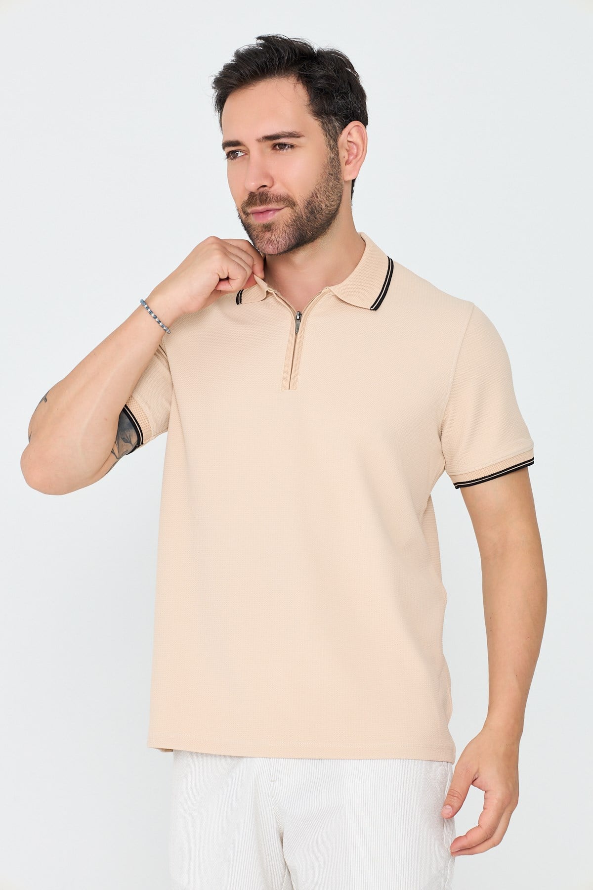White StoneBej Fermuarlı Erkek Polo Yaka Tişört
