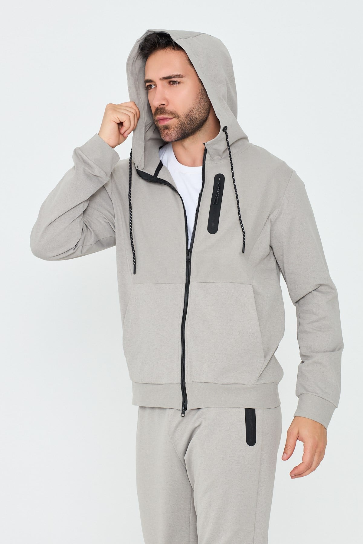 White StoneBej Kapüşonlu Fermuarlı Erkek Sweatshirt