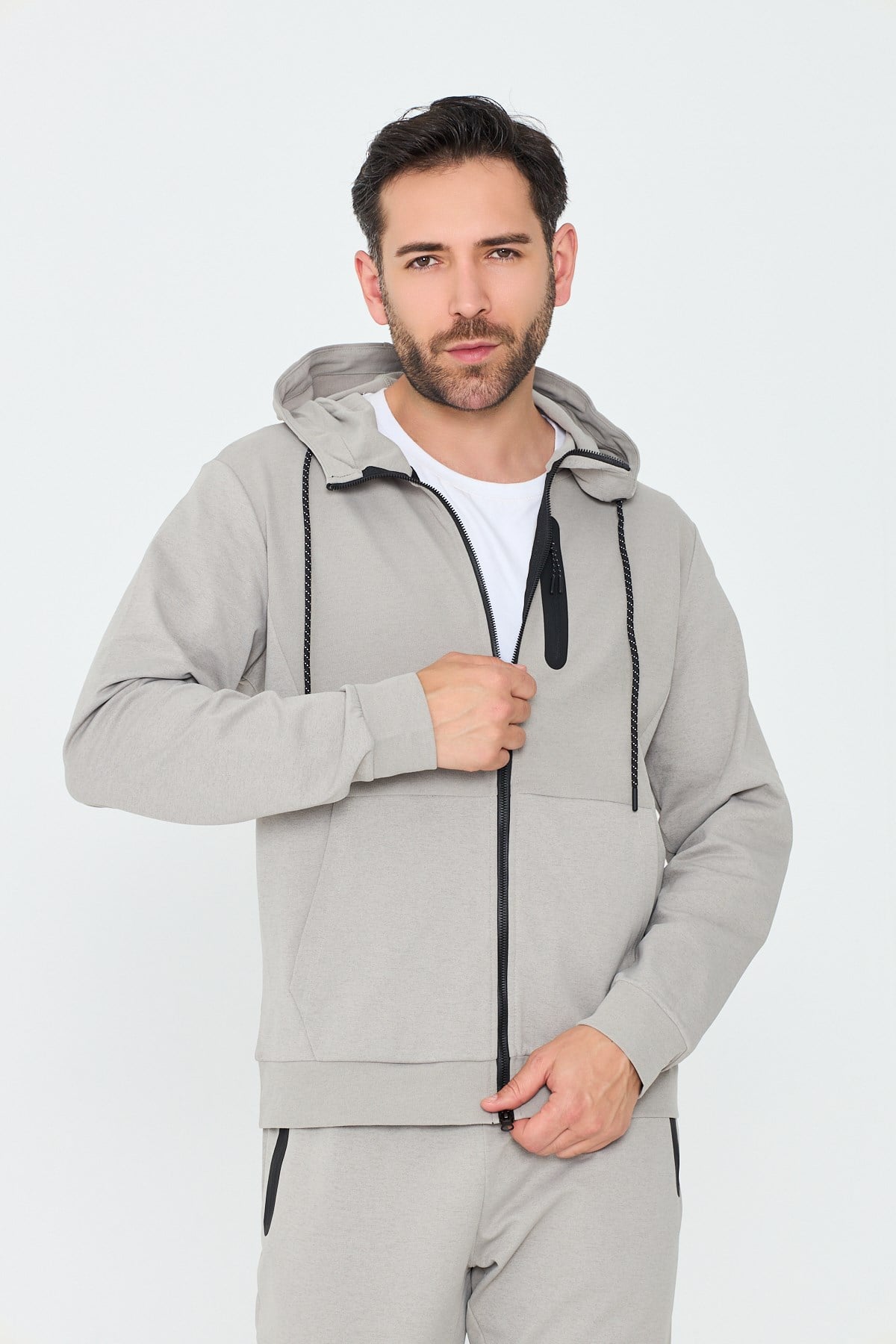 White StoneBej Kapüşonlu Fermuarlı Erkek Sweatshirt