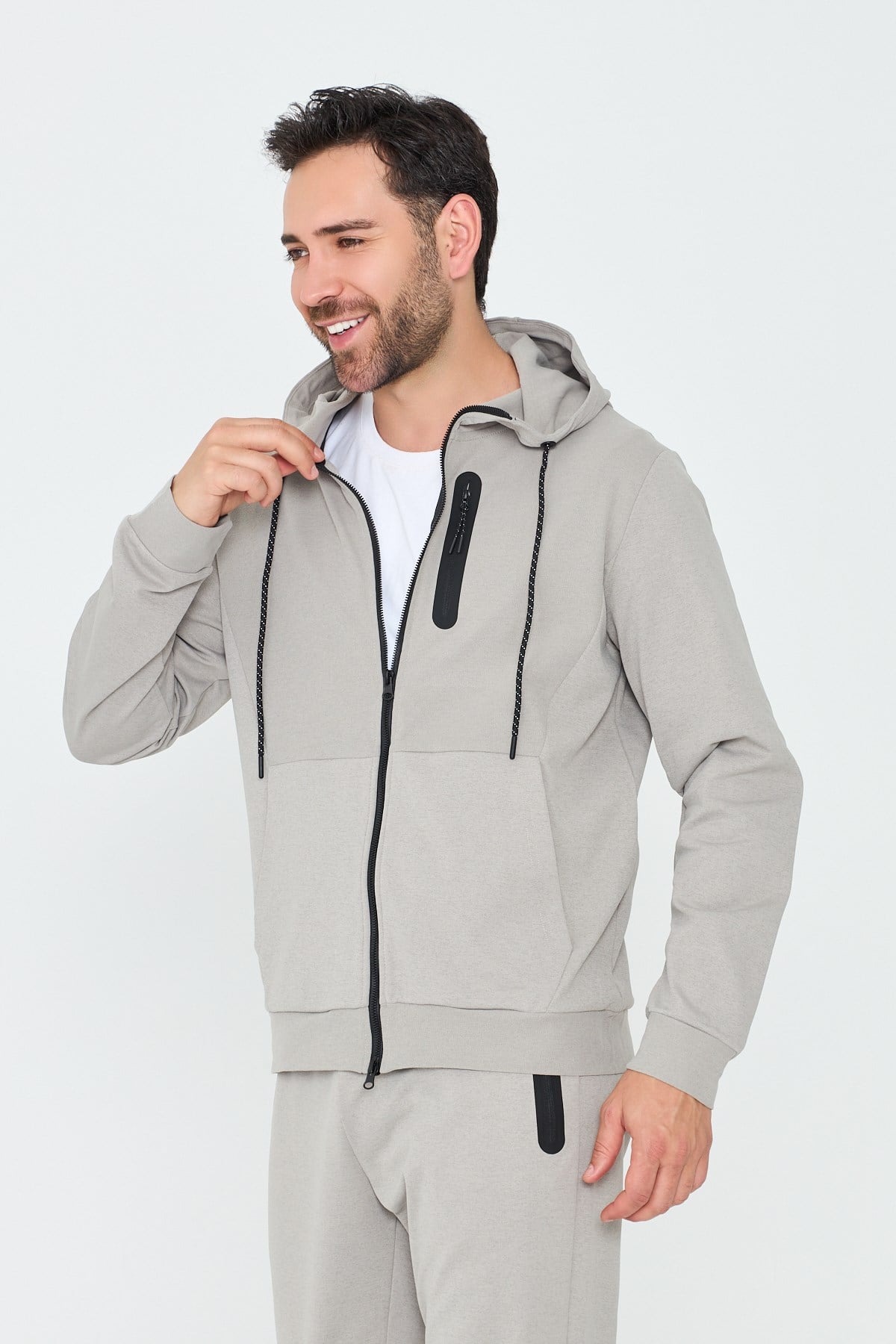 White StoneBej Kapüşonlu Fermuarlı Erkek Sweatshirt