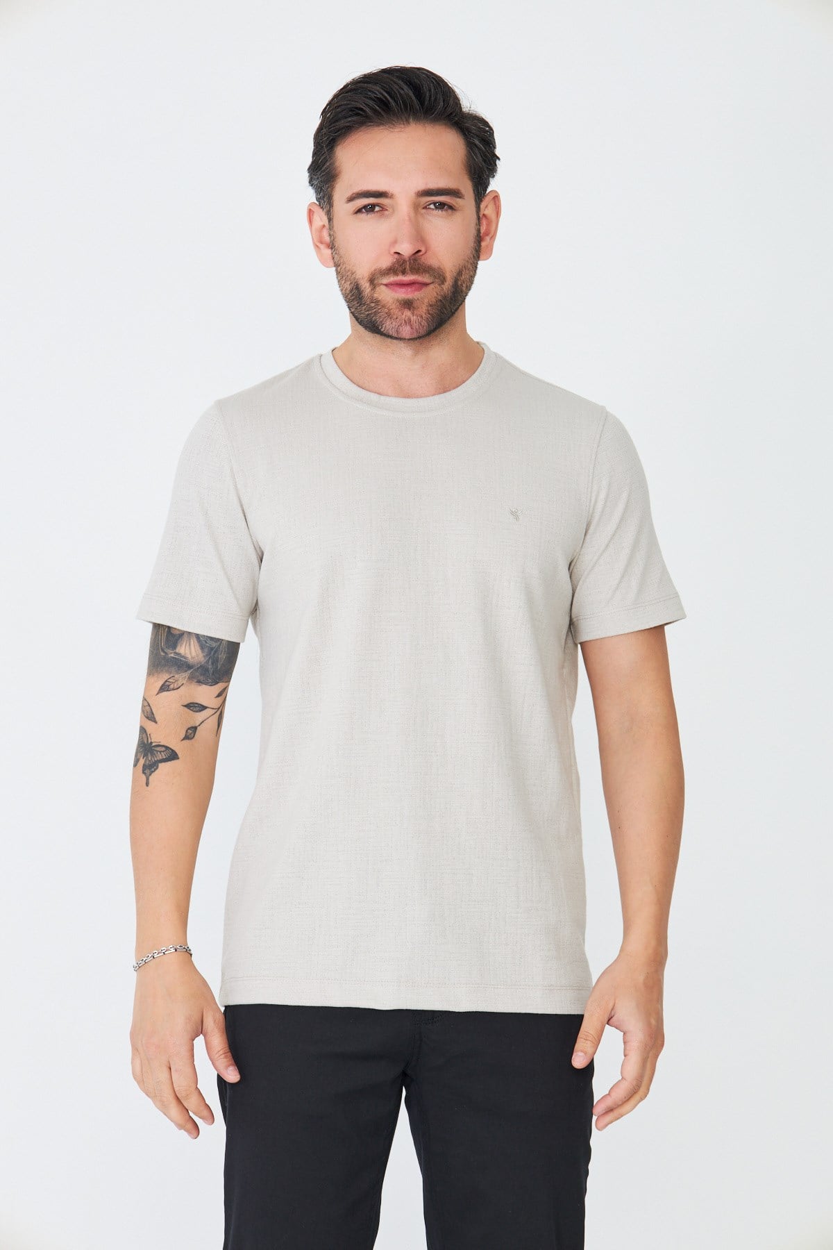 White StoneBej Mikro Desenli Basic Erkek Tişört