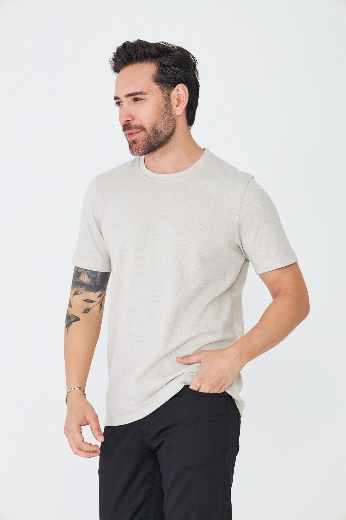 White StoneBej Mikro Desenli Basic Erkek Tişört