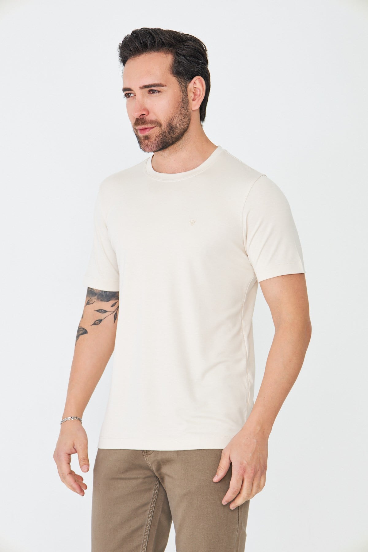 White StoneBej Sıfır Yaka Basic Erkek Tişört