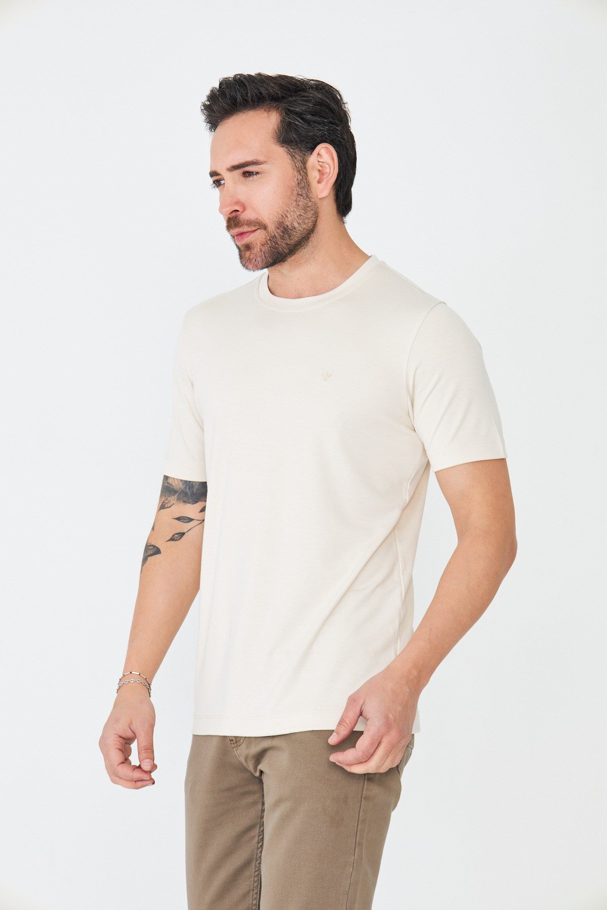 White StoneBej Sıfır Yaka Basic Erkek Tişört